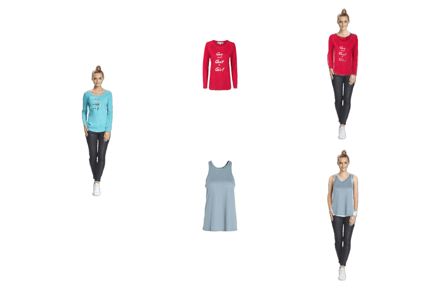OmniFit-3D result: a long-sleeve top and a tank top fitted onto a model in different poses