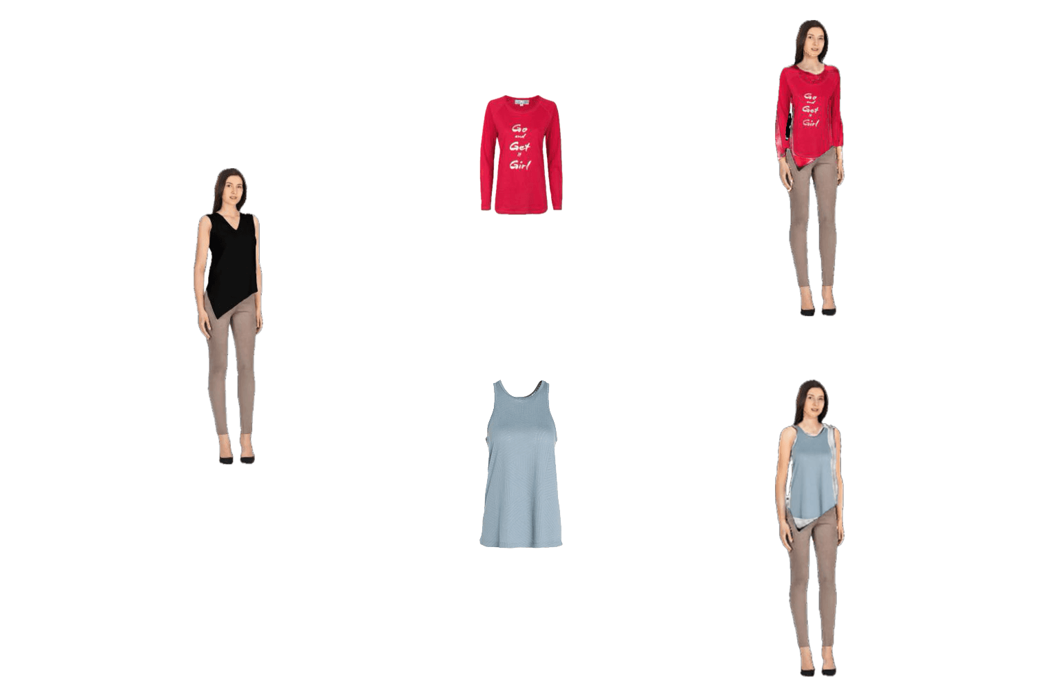 OmniFit-3D result: the same garments fitted onto a second model, adapting to her pose